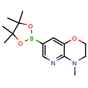 Chemical structure of 4-methyl-7-(tetramethyl-1,3,2-dioxaborolan-2-yl)-2H,3H,4H-pyrido[3,2-b][1,4]oxazine , CAS 910037-15-9, AChemBlock S73147