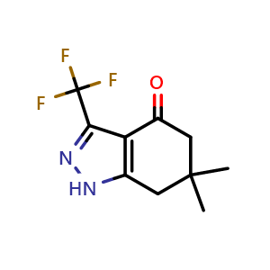 Chemical structure of 6,6-Dimethyl-3-(trifluoromethyl)-6,7-dihydro-1H-indazol-4(5H)-one , CAS 908111-34-2, AChemBlock S73167