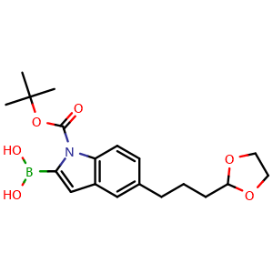 Chemical structure of 2-borono-5-[3-(1,3-dioxolan-2-yl)propyl]-1H-indole-1-carboxylic acid-1-(1,1-dimethylethyl) ester , CAS 906000-55-3, AChemBlock S73179