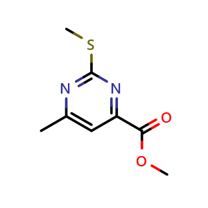 Chemical structure of methyl 6-methyl-2-(methylsulfanyl)pyrimidine-4-carboxylate , CAS 90007-36-6, AChemBlock S73235