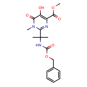 Chemical structure of methyl 2-(2-{[(benzyloxy)carbonyl]amino}propan-2-yl)-5-hydroxy-1-methyl-6-oxo-1,6-dihydropyrimidine-4-carboxylate , CAS 888504-27-6, AChemBlock S73341