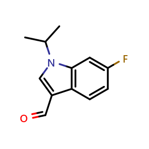 Chemical structure of 6-fluoro-1-(propan-2-yl)-1H-indole-3-carbaldehyde , CAS 887685-49-6, AChemBlock S73353