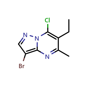 Chemical structure of 3-bromo-7-chloro-6-ethyl-5-methylpyrazolo[1,5-a]pyrimidine , CAS 885720-87-6, AChemBlock S73393