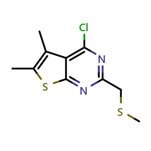 Chemical structure of 4-chloro-5,6-dimethyl-2-[(methylsulfanyl)methyl]thieno[2,3-d]pyrimidine , CAS 885460-27-5, AChemBlock S73415
