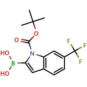 Chemical structure of 2-borono-6-(trifluoromethyl)-1H-indole-1-carboxylic acid-1-(1,1-dimethylethyl) ester , CAS 875558-27-3, AChemBlock S73590