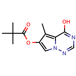Chemical structure of 4-hydroxy-5-methylpyrrolo[2,1-f][1,2,4]triazin-6-yl 2,2-dimethylpropanoate , CAS 872206-47-8, AChemBlock S73621