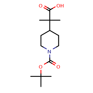Chemical structure of 2-(1-tert-butoxycarbonyl-4-piperidyl)-2-methyl-propanoic acid , CAS 865156-85-0, AChemBlock S73679
