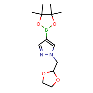 Chemical structure of 1-(1,3-dioxolan-2-ylmethyl)-4-(tetramethyl-1,3,2-dioxaborolan-2-yl)-1H-pyrazole , CAS 864754-17-6, AChemBlock S73685