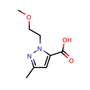 Chemical structure of 1-(2-methoxyethyl)-3-methyl-1H-pyrazole-5-carboxylic acid , CAS 864522-54-3, AChemBlock S73687
