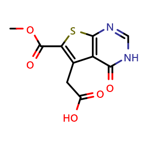 Chemical structure of 2-[6-(methoxycarbonyl)-4-oxo-3H,4H-thieno[2,3-d]pyrimidin-5-yl]acetic acid , CAS 854137-65-8, AChemBlock S73780
