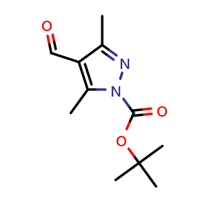 Chemical structure of tert-butyl 4-formyl-3,5-dimethyl-1H-pyrazole-1-carboxylate , CAS 844891-13-0, AChemBlock S73879