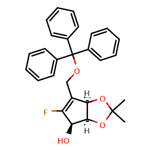 Chemical structure of (3aS,4R,6aR)-5-fluoro-2,2-dimethyl-6-[(triphenylmethoxy)methyl]-2H,3aH,4H,6aH-cyclopenta[d][1,3]dioxol-4-ol , CAS 805245-42-5, AChemBlock S74006