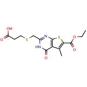 Chemical structure of 3-({[6-(ethoxycarbonyl)-5-methyl-4-oxo-3H,4H-thieno[2,3-d]pyrimidin-2-yl]methyl}sulfanyl)propanoic acid , CAS 781626-60-6, AChemBlock S74091