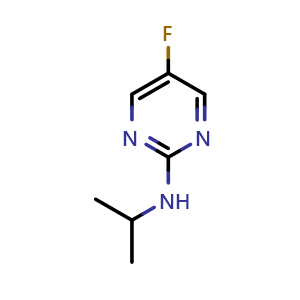 Chemical structure of 5-fluoro-N-(propan-2-yl)pyrimidin-2-amine , CAS 77476-97-2, AChemBlock S74124