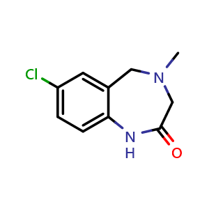 Chemical structure of 7-chloro-4-methyl-3,5-dihydro-1H-1,4-benzodiazepin-2-one , CAS 748806-32-8, AChemBlock S74248