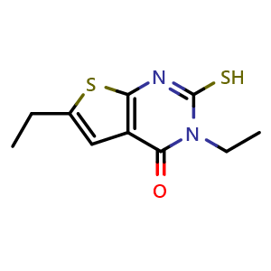 Chemical structure of 3,6-diethyl-2-sulfanyl-3H,4H-thieno[2,3-d]pyrimidin-4-one , CAS 744242-07-7, AChemBlock S74264