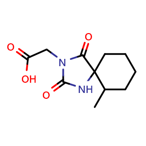 Chemical structure of 2-{6-methyl-2,4-dioxo-1,3-diazaspiro[4.5]decan-3-yl}acetic acid , CAS 743441-93-2, AChemBlock S74270