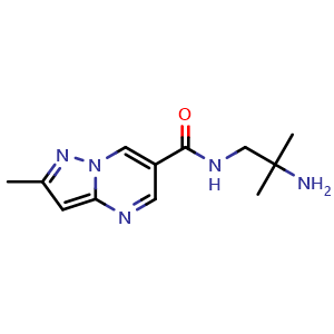 Chemical structure of N-(2-Amino-2-methylpropyl)-2-methylpyrazolo[1,5-a]pyrimidine-6-carboxamide , CAS 739365-56-1, AChemBlock S74286