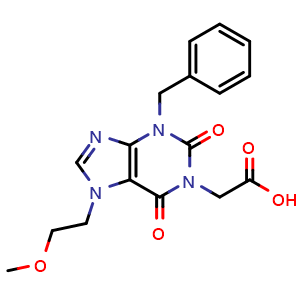 Chemical structure of 2-[3-benzyl-7-(2-methoxyethyl)-2,6-dioxo-2,3,6,7-tetrahydro-1H-purin-1-yl]acetic acid , CAS 730992-63-9, AChemBlock S74331