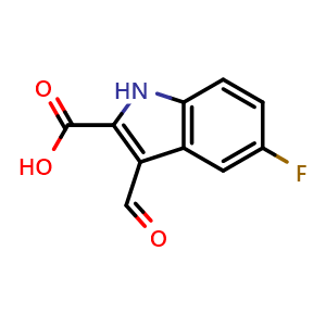 Chemical structure of 5-fluoro-3-formyl-1H-indole-2-carboxylic acid , CAS 726206-78-6, AChemBlock S74362