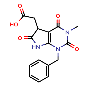 Chemical structure of 2-{1-benzyl-3-methyl-2,4,6-trioxo-1H,2H,3H,4H,5H,6H,7H-pyrrolo[2,3-d]pyrimidin-5-yl}acetic acid , CAS 726152-43-8, AChemBlock S74364