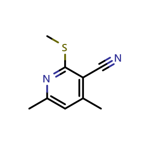 Chemical structure of 4,6-dimethyl-2-(methylsulfanyl)pyridine-3-carbonitrile , CAS 72456-86-1, AChemBlock S74373