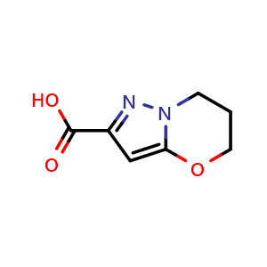 Chemical structure of 5H,6H,7H-pyrazolo[3,2-b][1,3]oxazine-2-carboxylic acid , CAS 718621-99-9, AChemBlock S74394