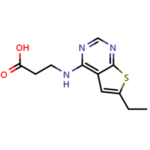 Chemical structure of 3-({6-ethylthieno[2,3-d]pyrimidin-4-yl}amino)propanoic acid , CAS 690702-08-0, AChemBlock S74509