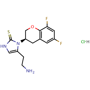 Chemical structure of 4-(2-aminoethyl)-3-[(3R)-6,8-difluorochroman-3-yl]-1H-imidazole-2-thione hydrochloride , CAS 677773-32-9, AChemBlock S74559