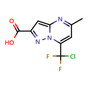 Chemical structure of 7-(chlorodifluoromethyl)-5-methylpyrazolo[1,5-a]pyrimidine-2-carboxylic acid , CAS 676522-75-1, AChemBlock S74565