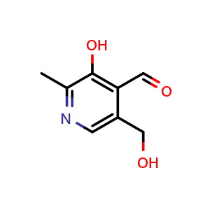 Chemical structure of 3-hydroxy-5-(hydroxymethyl)-2-methylpyridine-4-carbaldehyde , CAS 66-72-8, AChemBlock S74596