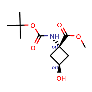 Chemical structure of methyl trans-1-(tert-butoxycarbonylamino)-3-hydroxy-cyclobutanecarboxylate , CAS 646066-48-0, AChemBlock S74678