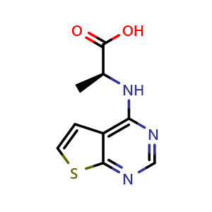 Chemical structure of (2S)-2-({thieno[2,3-d]pyrimidin-4-yl}amino)propanoic acid , CAS 63895-63-6, AChemBlock S74703