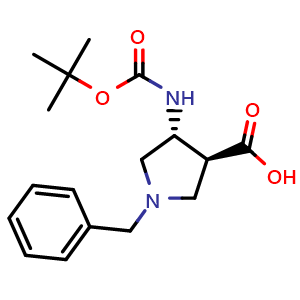 Chemical structure of trans-racemic-1-benzyl-4-tert-butoxycarbonylamino-pyrrolidine-3-carboxylic acid , CAS 628725-28-0, AChemBlock S74744