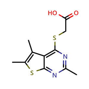 Chemical structure of 2-({2,5,6-trimethylthieno[2,3-d]pyrimidin-4-yl}sulfanyl)acetic acid , CAS 626205-90-1, AChemBlock S74755