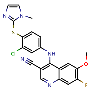 Chemical structure of 4-({3-chloro-4-[(1-methyl-1H-imidazol-2-yl)sulfanyl]phenyl}amino)-7-fluoro-6-methoxyquinoline-3-carbonitrile , CAS 622369-57-7, AChemBlock S74779