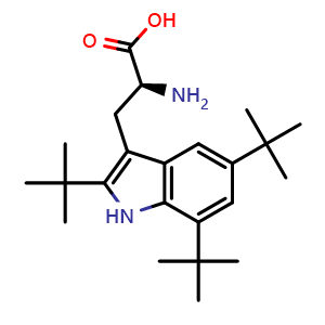 Chemical structure of (2S)-2-amino-3-(2,5,7-tri-tert-butyl-1H-indol-3-yl)propanoic acid , CAS 62029-63-4, AChemBlock S74783