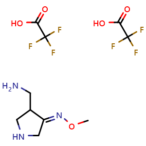 Chemical structure of (Z)-4-(Aminomethyl)pyrrolidin-3-one O-methyl oxime bis(2,2,2-trifluoroacetate) , CAS 616827-13-5, AChemBlock S74804