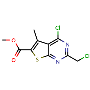 Chemical structure of methyl 4-chloro-2-(chloromethyl)-5-methylthieno[2,3-d]pyrimidine-6-carboxylate , CAS 554407-27-1, AChemBlock S75087