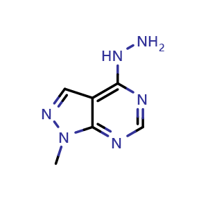 Chemical structure of 4-hydrazinyl-1-methyl-1H-pyrazolo[3,4-d]pyrimidine , CAS 5334-72-5, AChemBlock S75200
