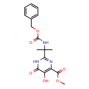 Chemical structure of methyl 2-(2-{[(benzyloxy)carbonyl]amino}propan-2-yl)-5-hydroxy-6-oxo-1,6-dihydropyrimidine-4-carboxylate , CAS 519032-08-7, AChemBlock S75266
