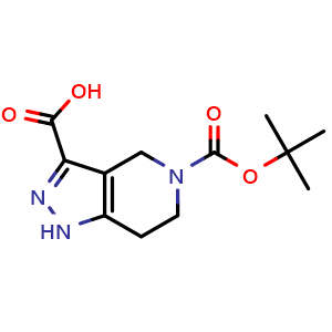 Chemical structure of 5-[(tert-butoxy)carbonyl]-1H,4H,5H,6H,7H-pyrazolo[4,3-c]pyridine-3-carboxylic acid , CAS 518990-56-2, AChemBlock S75267