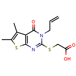 Chemical structure of 2-{[5,6-dimethyl-4-oxo-3-(prop-2-en-1-yl)-3H,4H-thieno[2,3-d]pyrimidin-2-yl]sulfanyl}acetic acid , CAS 510724-80-8, AChemBlock S75308