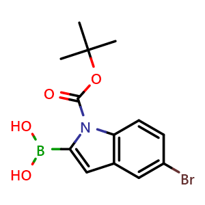 Chemical structure of {5-bromo-1-[(tert-butoxy)carbonyl]-1H-indol-2-yl}boronic acid , CAS 475102-13-7, AChemBlock S75442