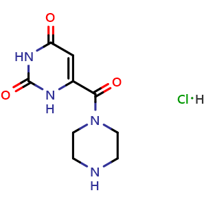 Chemical structure of 6-(piperazine-1-carbonyl)-1H-pyrimidine-2,4-dione hydrochloride , CAS 4318-57-4, AChemBlock S75562