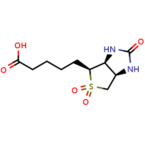 Chemical structure of 5-((3aS,4S,6aR)-5,5-dioxido-2-oxohexahydro-1H-thieno[3,4-d]imidazol-4-yl)pentanoic acid , CAS 40720-05-6, AChemBlock S75678
