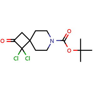 Chemical structure of tert-butyl 3,3-dichloro-2-oxo-7-azaspiro[3.5]nonane-7-carboxylate , CAS 396653-31-9, AChemBlock S75757