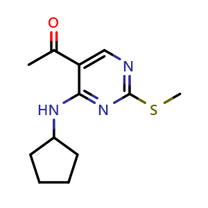 Chemical structure of 1-[4-(cyclopentylamino)-2-(methylsulfanyl)pyrimidin-5-yl]ethan-1-one , CAS 362656-11-9, AChemBlock S75911
