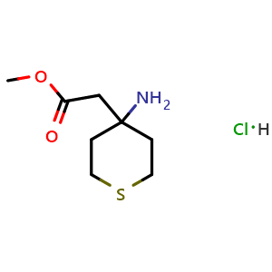 Chemical structure of methyl 2-(4-aminothian-4-yl)acetate hydrochloride , CAS 303037-43-6, AChemBlock S76218