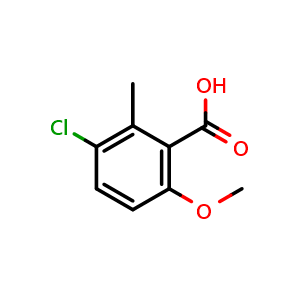 Chemical structure of 3-chloro-6-methoxy-2-methyl-benzoic acid , CAS 23550-92-7, AChemBlock S76533